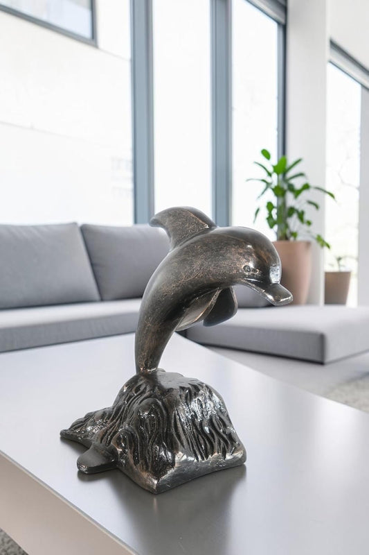 Playful Leaping Dolphin Wave Base Aluminum Coastal Decor 11"x11"x14"H
