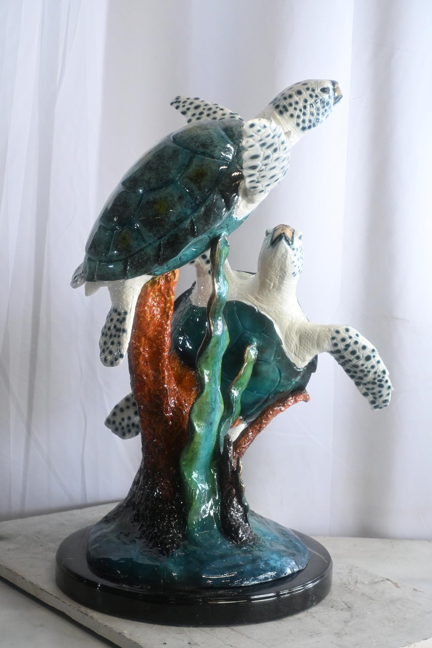 Two Sea Turtles on Coral Reef Bronze Sculpture Teal 17"x18"x33"H