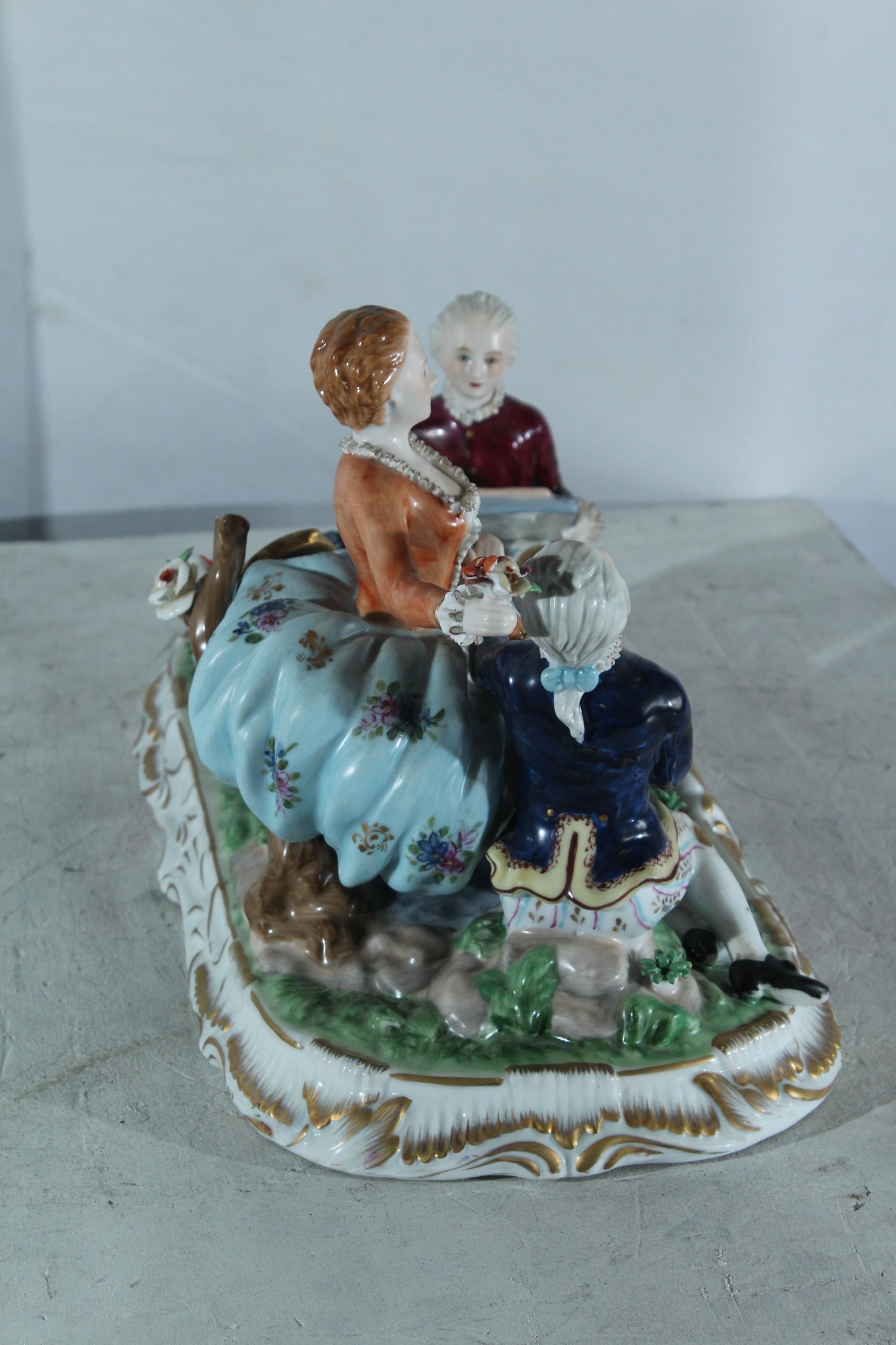 NIFAO Porcelain Rococo Courting Trio Figurine — Artist & Couple 20" x 8" x 10"H