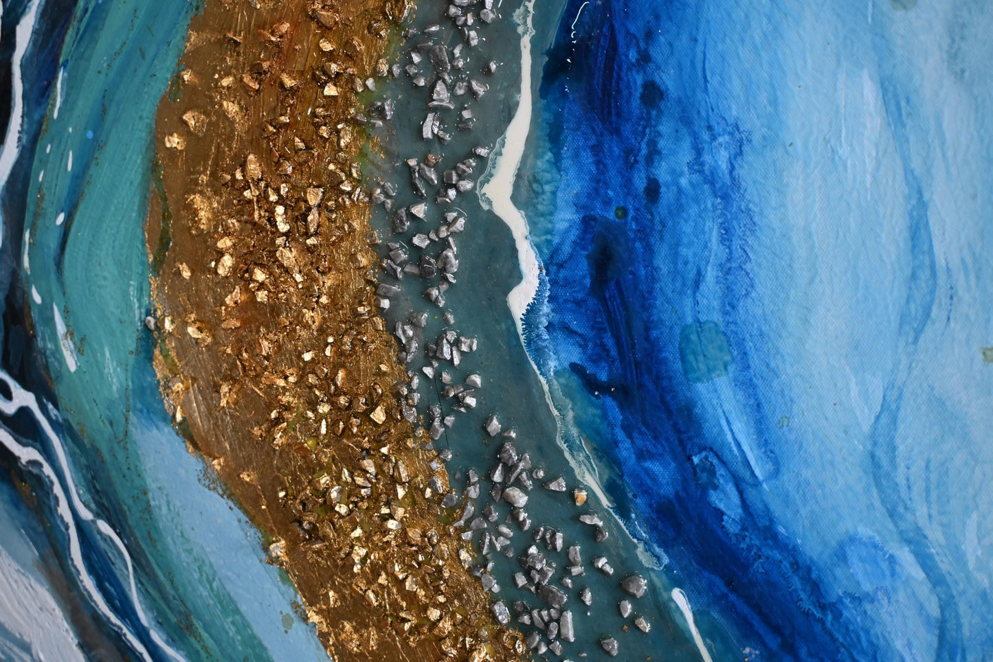 Silence Geode Abstract Canvas Painting Blue Gold Framed 61"x41"