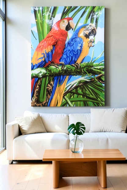 Colorful Macaw Parrots Tropical Resin Covered Canvas 32"x42"