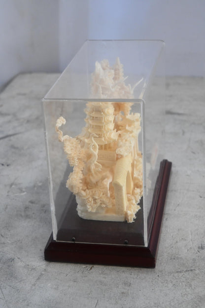 Carved Resin Chinese Garden Scene with Bridge in Case 8"x4"x7"H