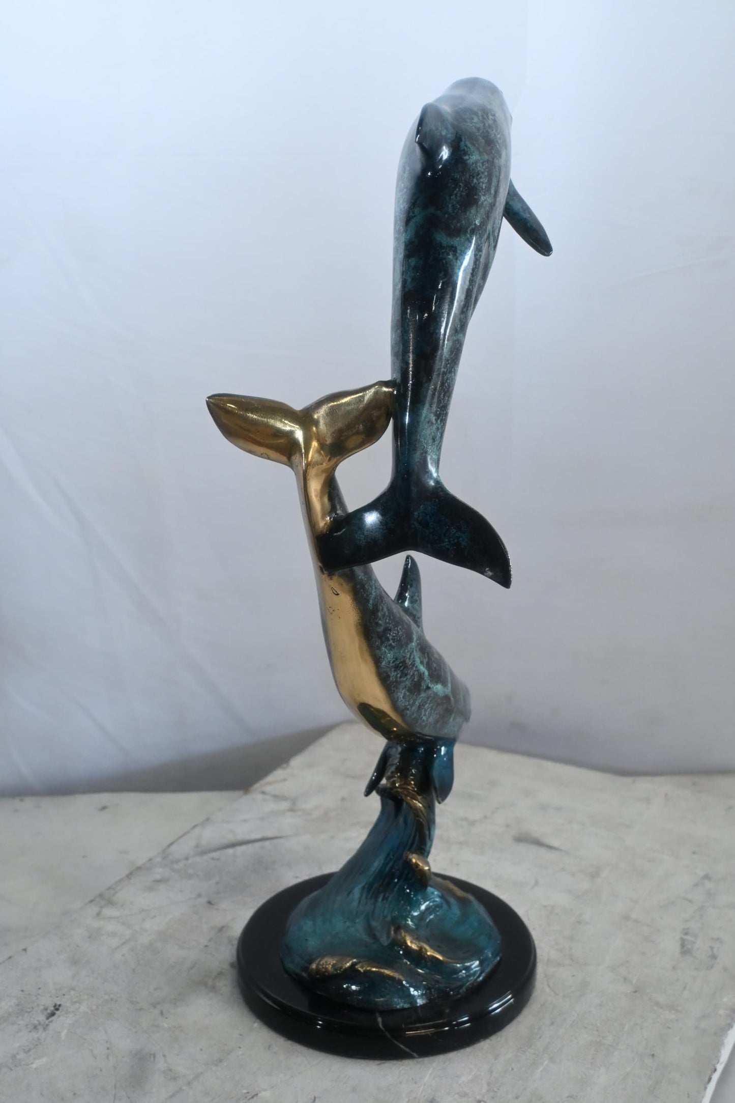 Two Dolphins Bronze Sculpture Leaping Wave Statue 10"x9"x24"H