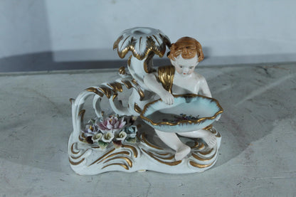 Porcelain Cherub Candle Holder with Floral Dish 9"x6"x7"H