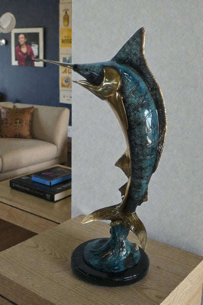 Blue Marlin Bronze Sculpture Leaping Ocean Wave 15"x6"x23"H