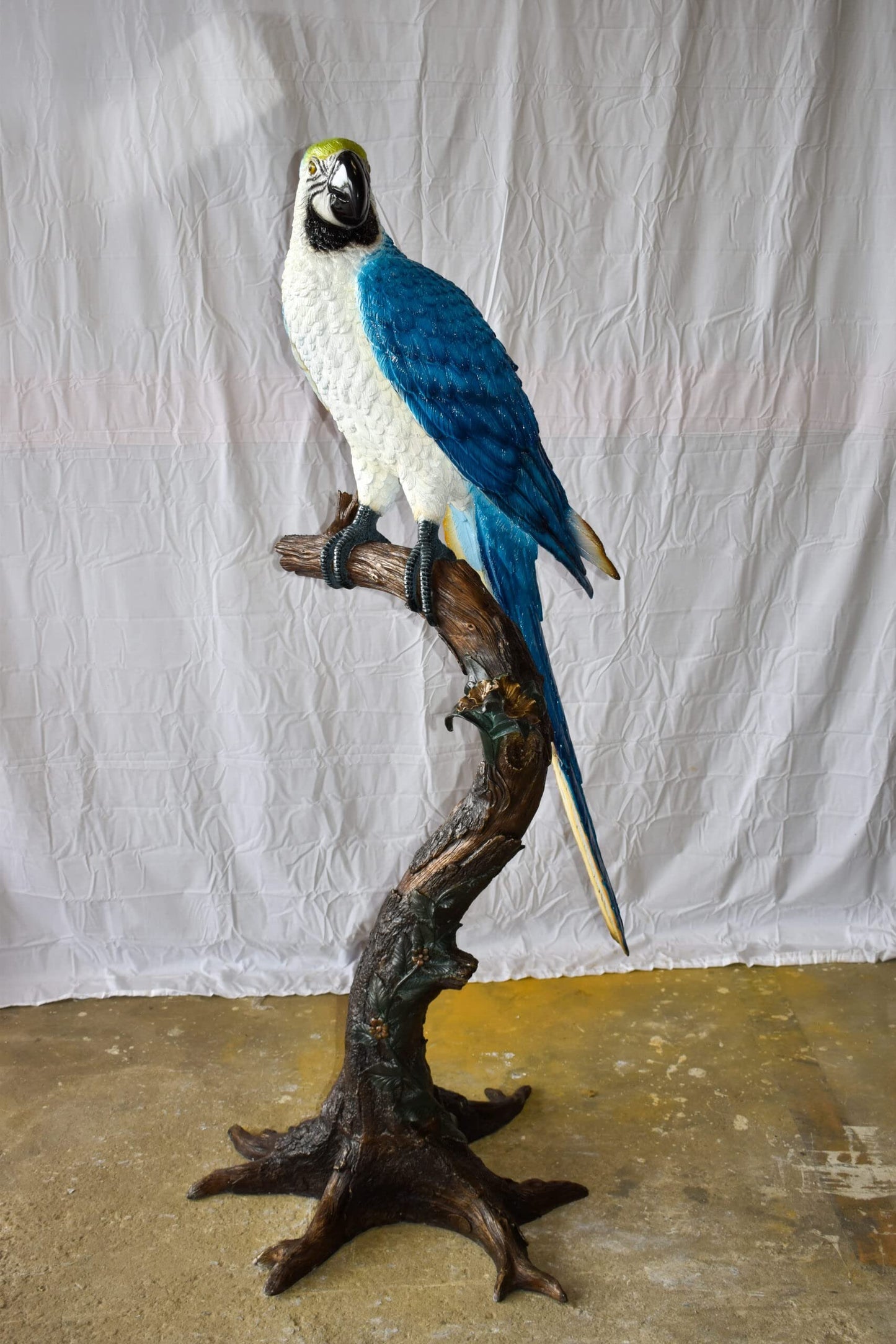 Giant Blue and White Parrot Standing on A Tree Bronze Statue 30" x 24" x 66"H