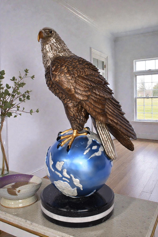 Bald Eagle Standing on a Blue Globe Bronze Statue Size: 17" x 9" x 23"H