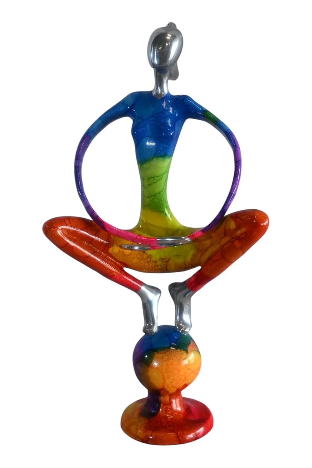 Rainbow Yoga Woman Meditating on Sphere Painted Aluminum 12"x10"x22"H