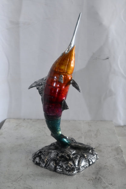 Leaping Swordfish Statue on Wave Base Aluminum Sea Decor 8"x10"x20"H