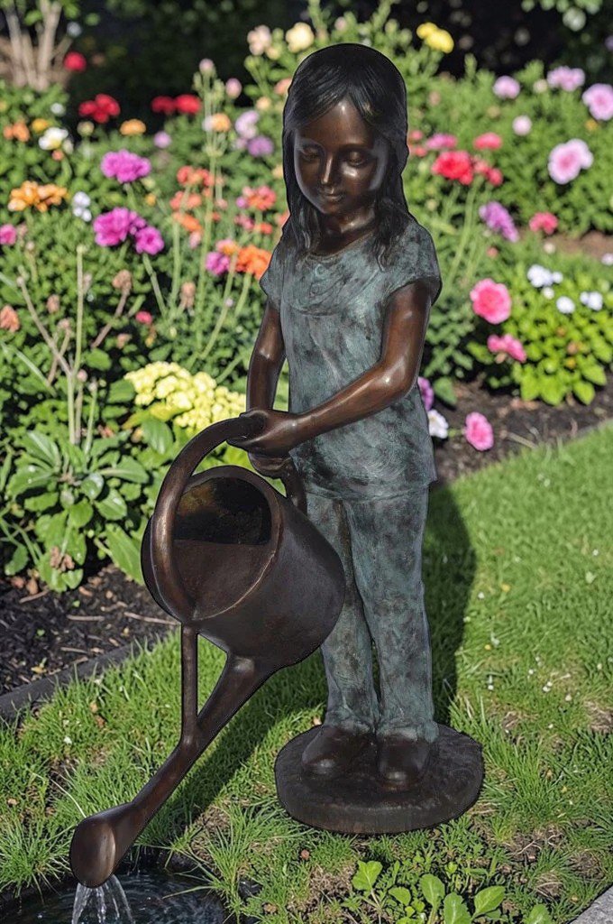 Girl gardening bronze statue - fountain -  Size: 27"L x 14"W x 41"H.