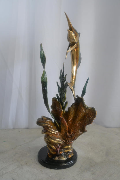 Bronze Sailfish Sculpture on Coral Seaweed Base Marble 11"x7"x24"H