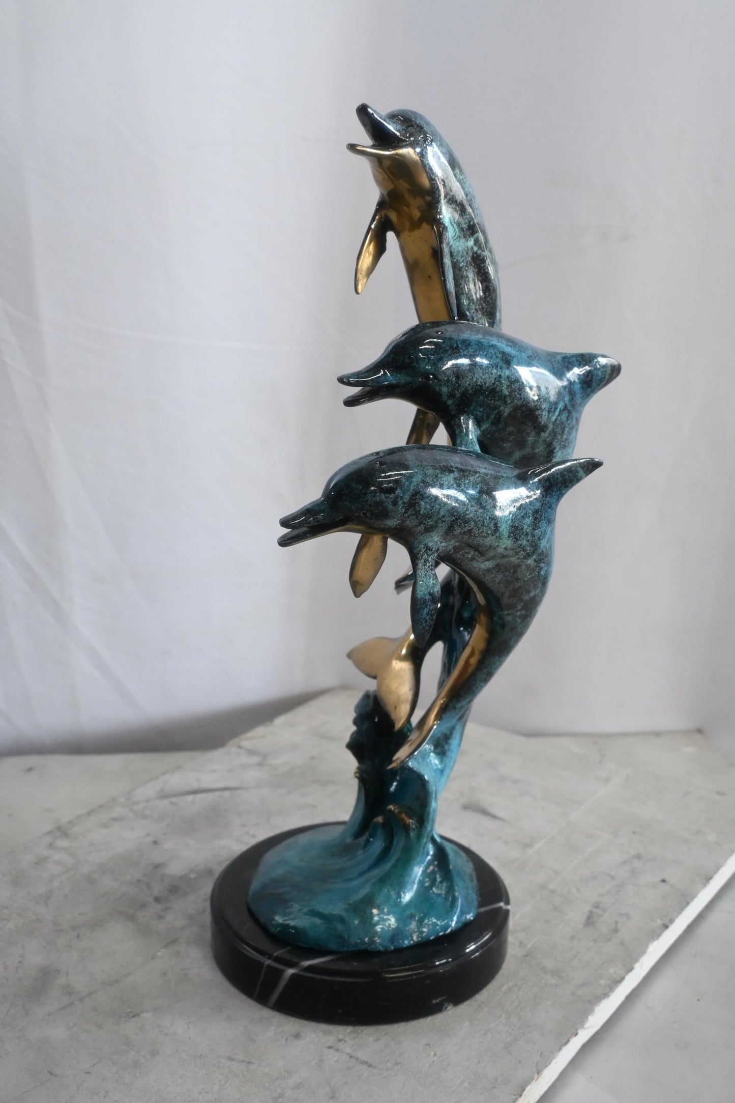 Bronze Dolphin Trio Sculpture Ocean Wave Statue 14"x11"x24"H
