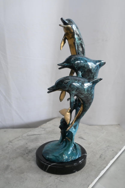 Bronze Dolphin Trio Sculpture Ocean Wave Statue 14"x11"x24"H