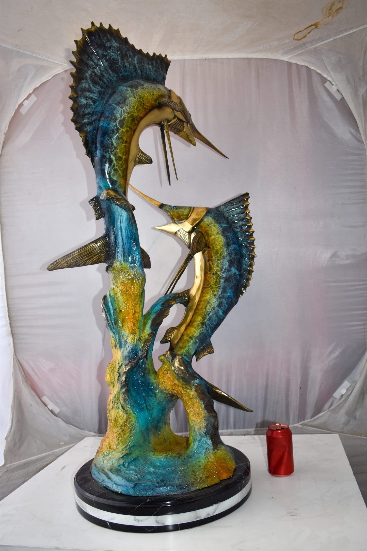 Set Of Intertwined Sailfish and Marlin Colored Bronze Statue  27" x 20" x 47"H