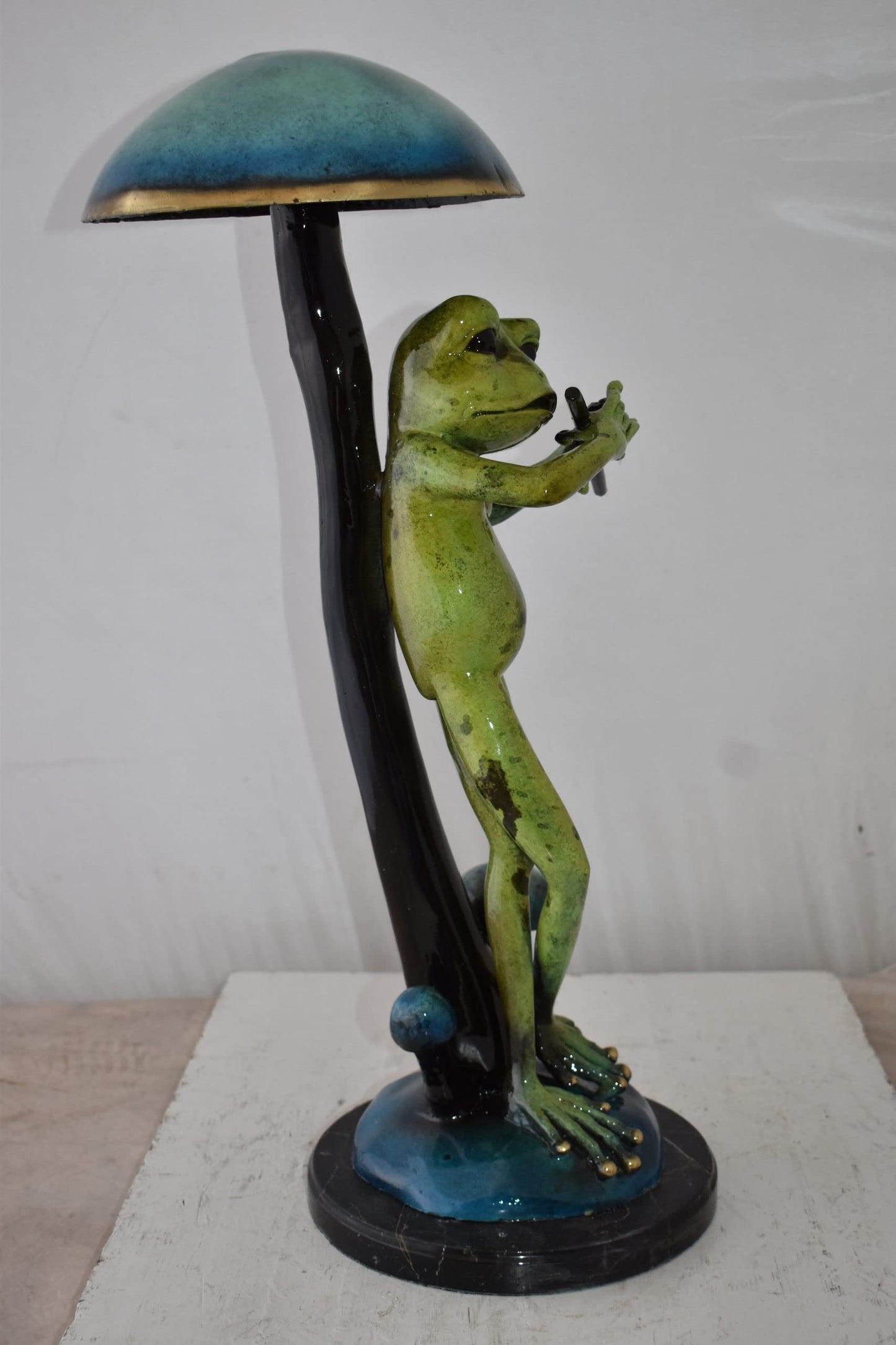 Musical Green Frog Playing the Flute Bronze Statue Size: 14" x 12" x 27"H