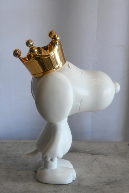 White Resin Snoopy Inspired Dog Figurine with Gold Crown 12"x8"x18"H