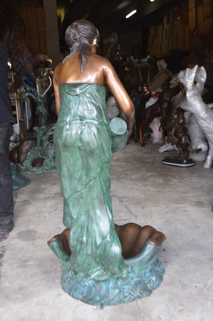 Girl Holding a Pot on Shell Fountain Bronze Statue -  Size: 33"L x 30"W x 62"H.