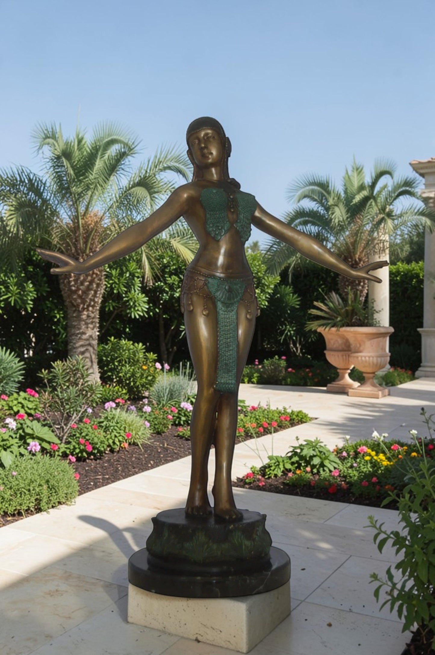 Belly Dancer Performing Bronze Statue -  Size: 32"L x 8"W x 41"H.