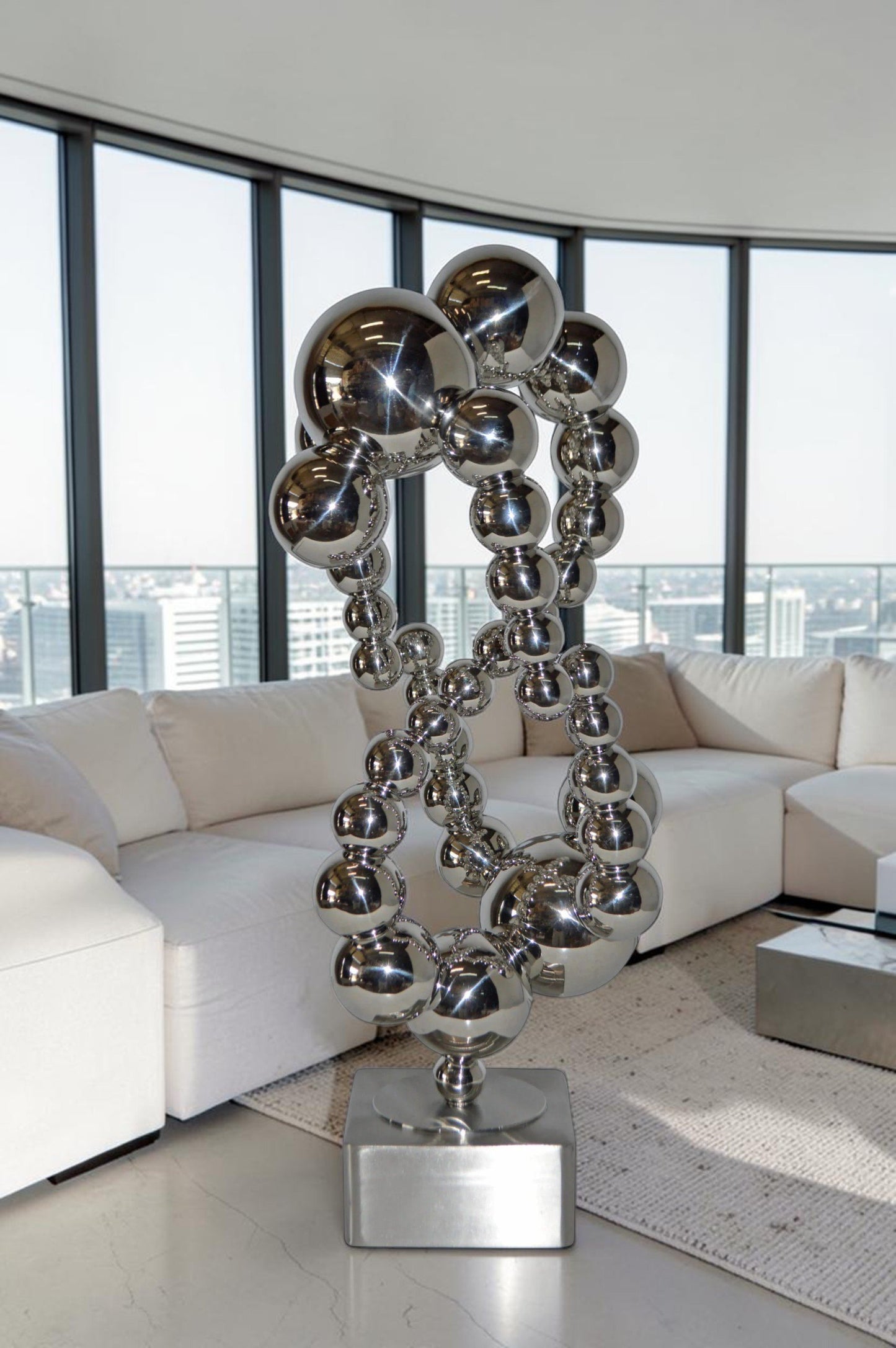 Modern Art Abstract Made of Chrome Balls Statue - Size: 11"L x 10"W x 22"H.