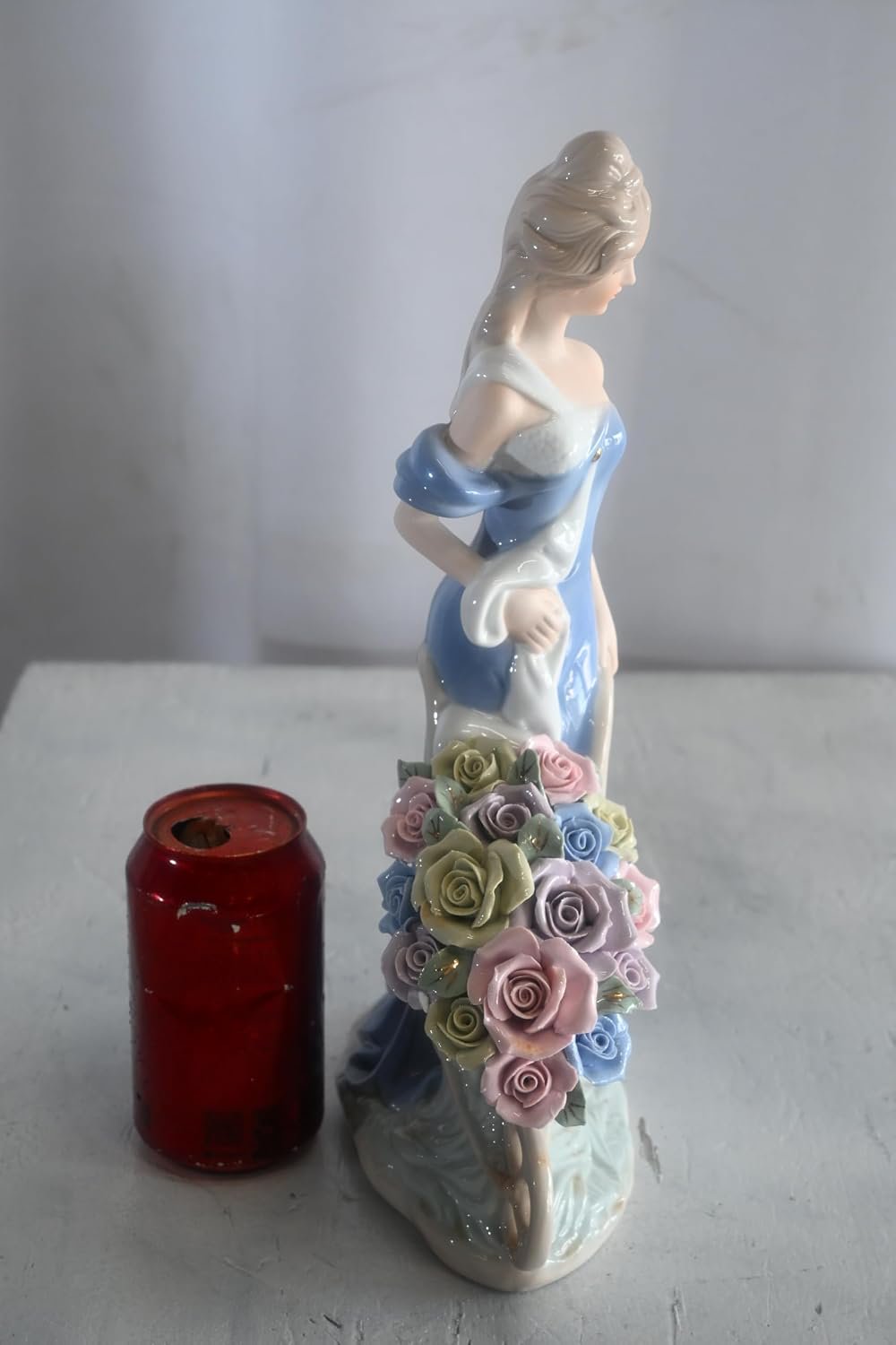 Porcelain Lady Blue Gown Pushing Rose Wheelbarrow Statue 8"x4"x14"H