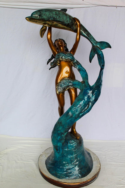 Nifao Bronze Mermaid Fountain Statue – Enchanting Mermaid Lifting Dolphin Sculpture with Flowing Water Feature – Handcrafted Lost Wax Casting with Multi-Tone Patina – Outdoor Garden 25" x 24" x 57"H