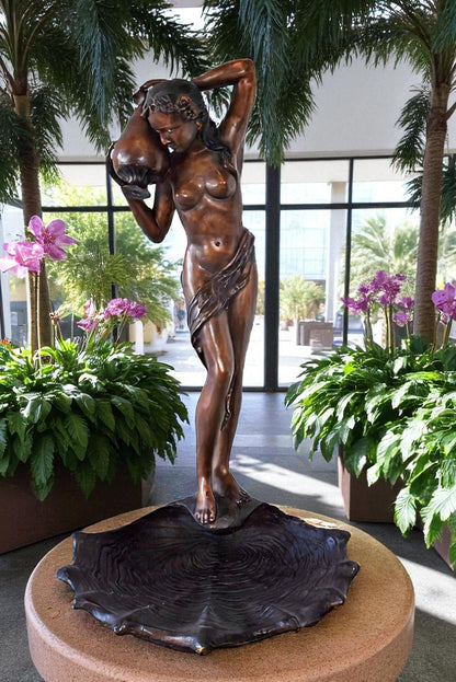 Lady Holds A Vase Standing on A Shell Bronze Fountain Size: 32" x 31" x 55"H