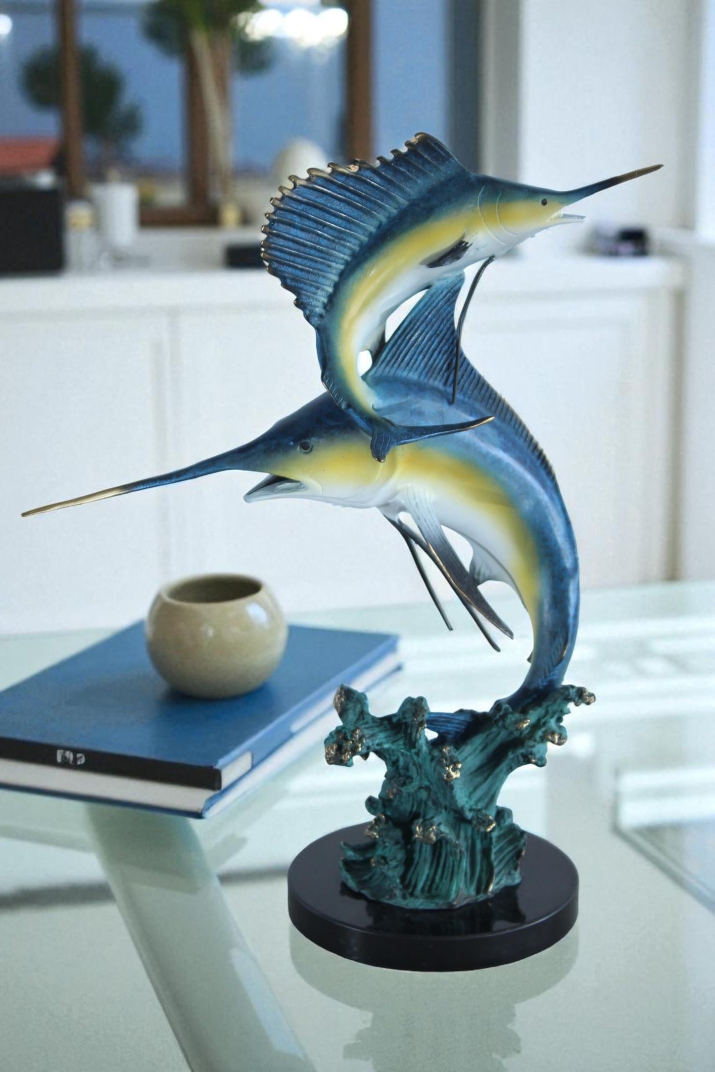 NIFAO Bronze Sailfish Duo Statue on Marble Base Coastal Sculpture 13" x 7" x 15"H