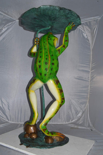Frog with Umbrella Colored Fountain Bronze Statue -  Size: 22"L x 22"W x 43"H.