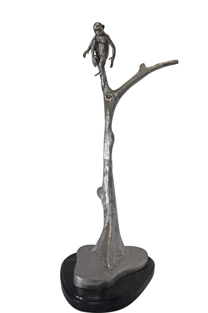 Monkey Resting on a Tree Silver Finish Bronze Statue - Size: 12" x 13" x 27"H.
