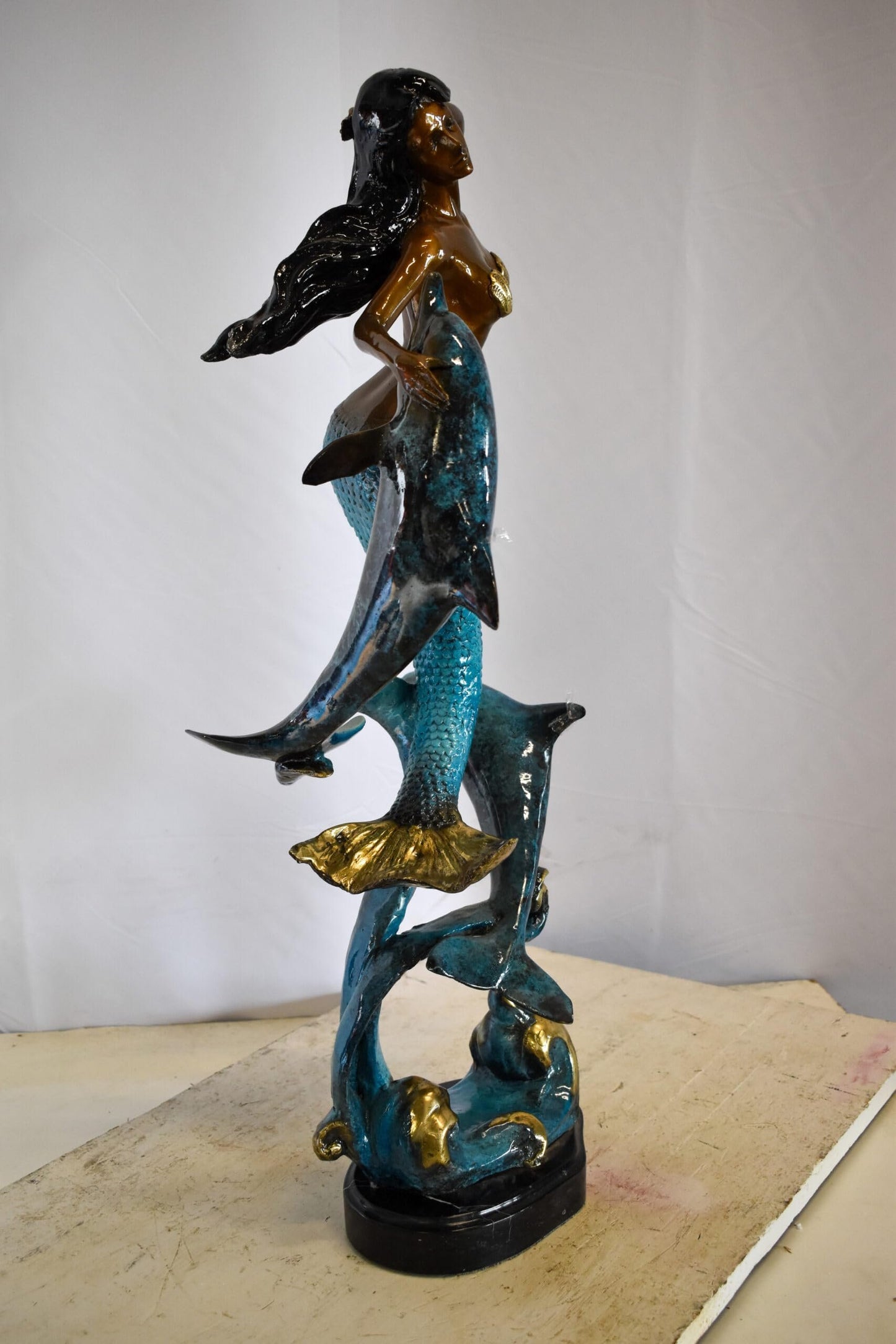 Graceful Mermaid and Two Dolphins Bronze Statue 13" x 9" x 31"H