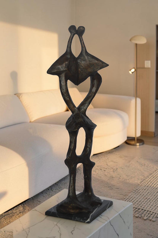 Modern art abstract, a couple kissing bronze statue - Size: 13"L x 11"W x 40"H.