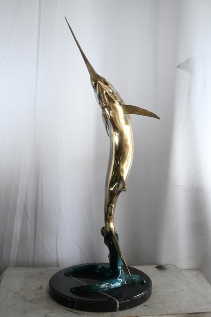Leaping Marlin on Wave Bronze Sculpture Marble Base 14"x14"x41"H