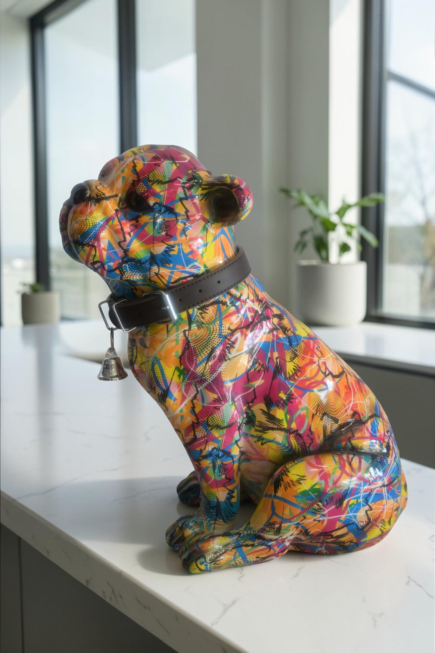 Resin Graffiti Pop Art Bulldog Sculpture with Collar 18"x11"x20"H