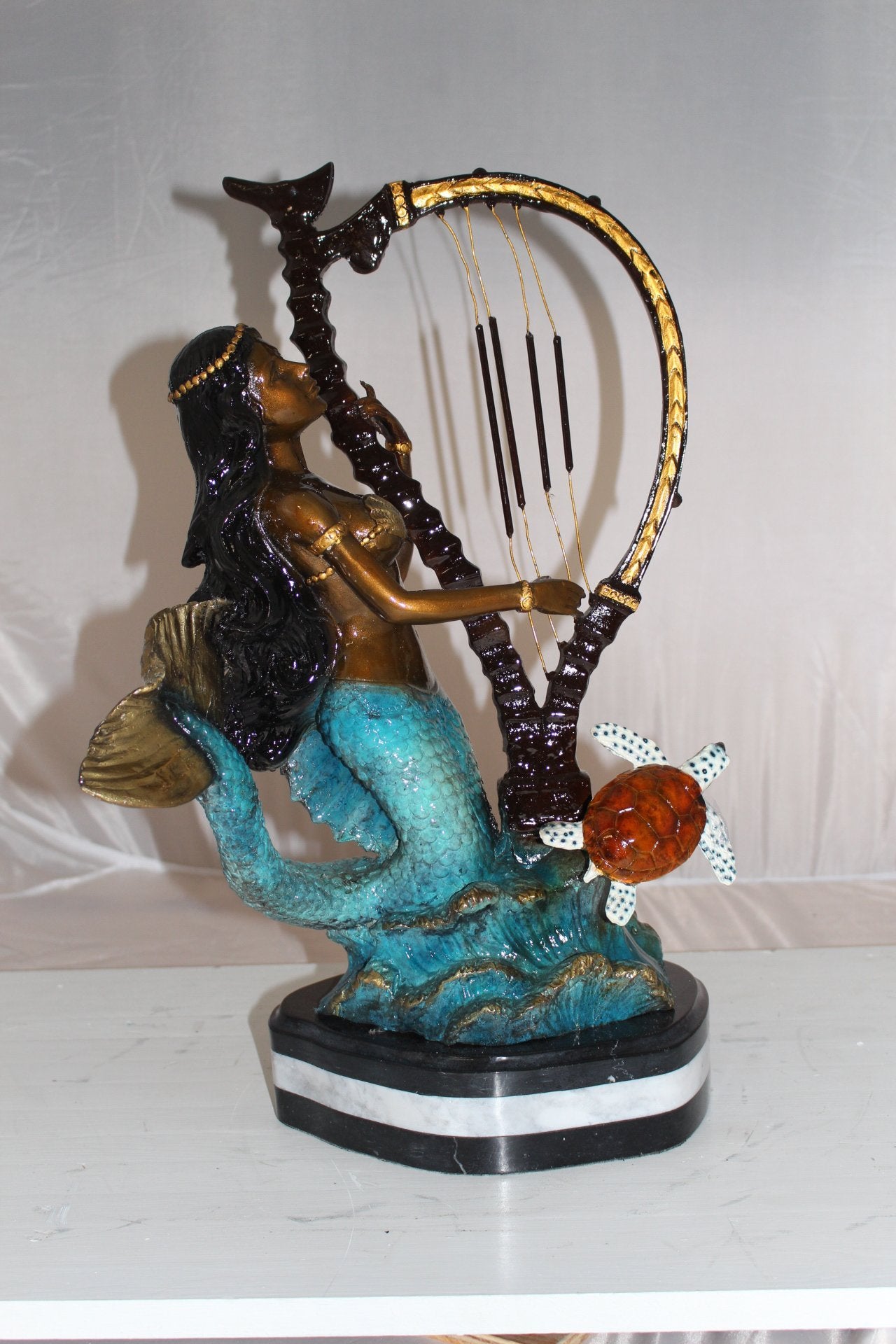 Mermaid play harp Bronze Statue -  Size: 13"L x 8"W x 22"H.