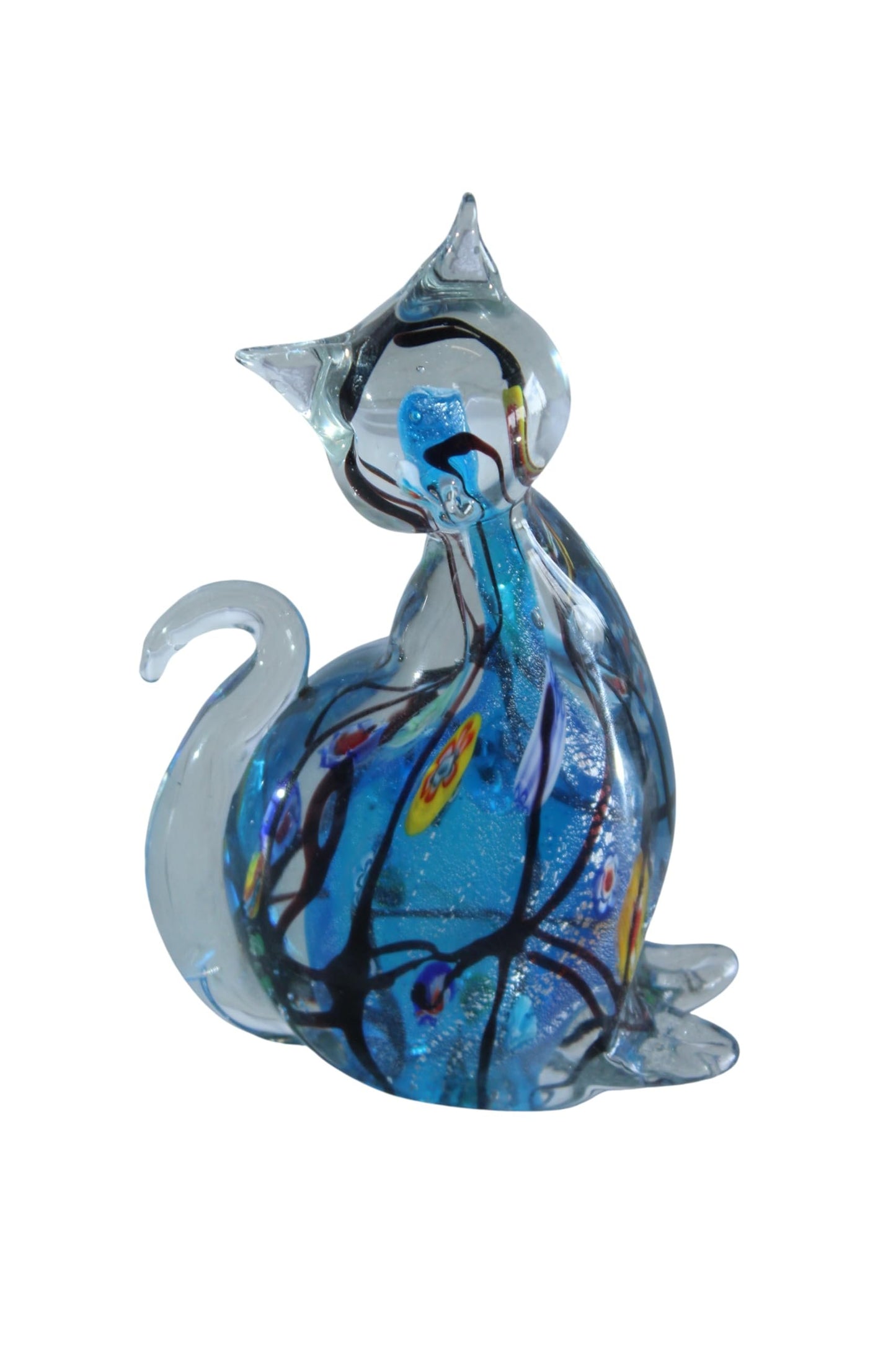 NIFAO Glass Cat Figurine Hand Blown Blue Millefiori Art Decor 5" x 3" x 7"H
