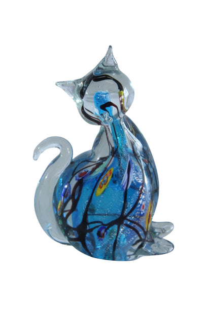 NIFAO Glass Cat Figurine Hand Blown Blue Millefiori Art Decor 5" x 3" x 7"H