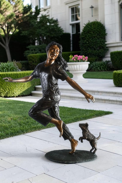 Joyful Barefoot Girl Running with Puppy Bronze Sculpture 49"x16"x51"H