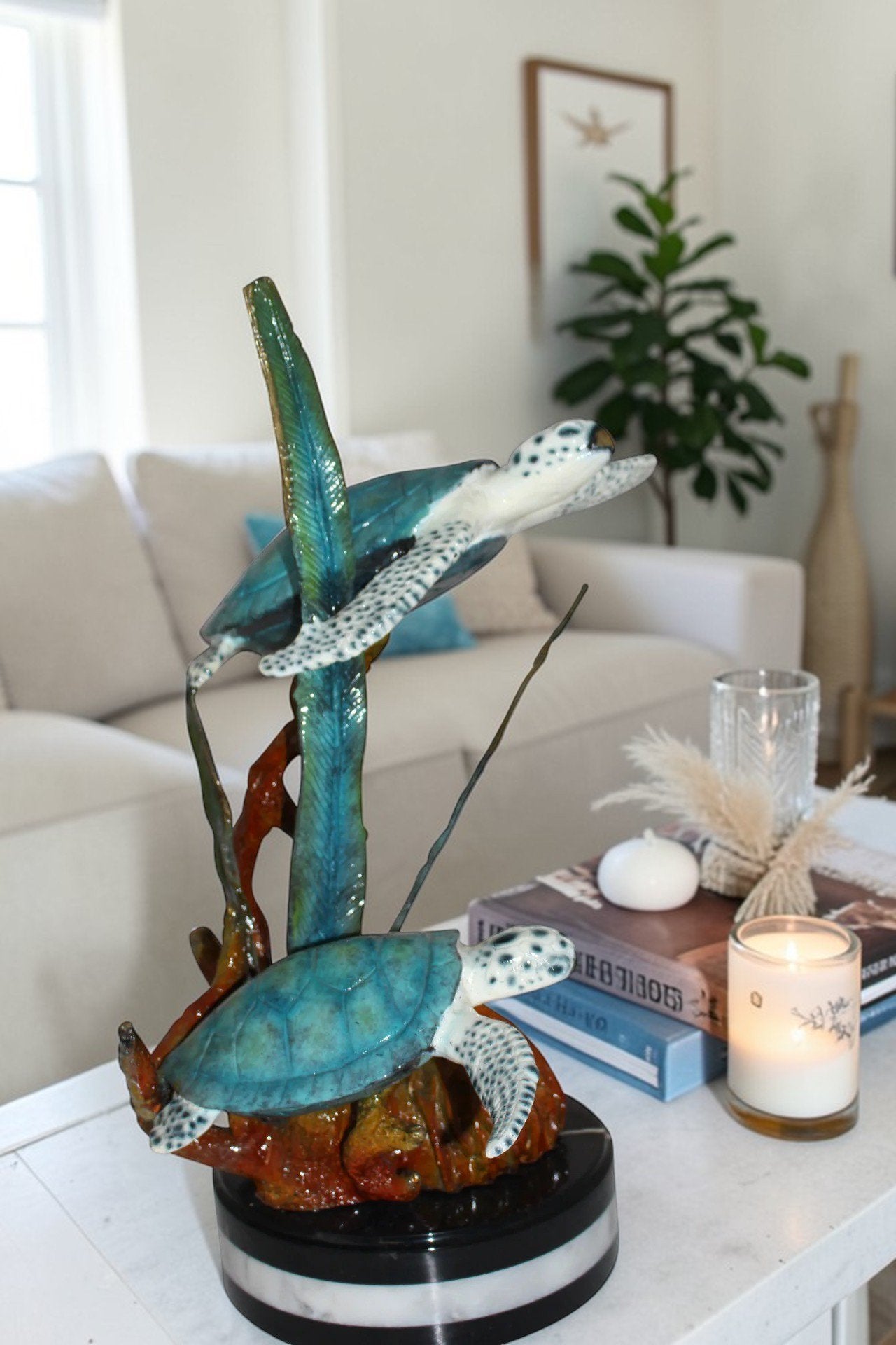 Two Sea Turtles Swimming Bronze Statue -  Size: 17"L x 9"W x 20"H.