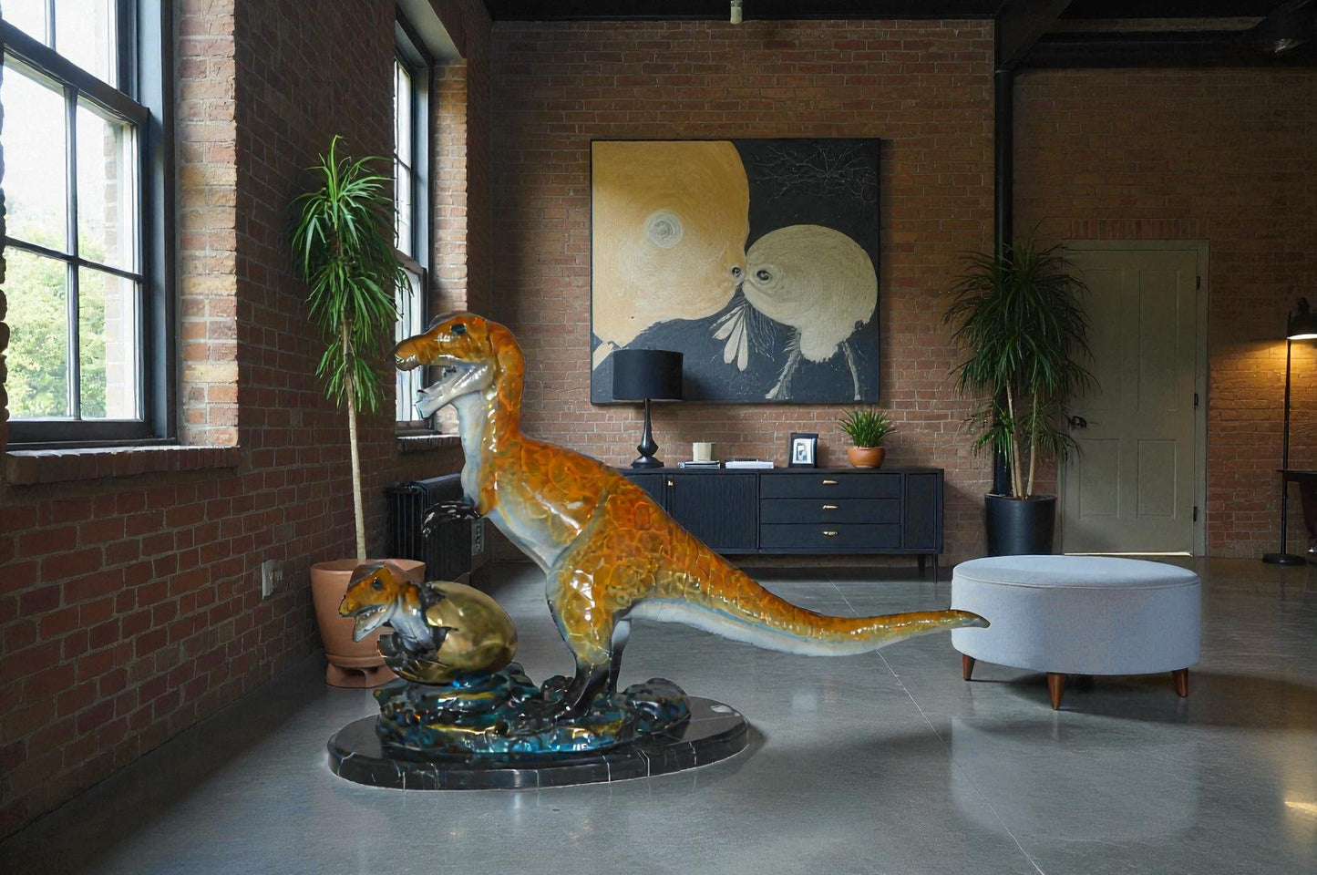 Dinosaur and baby Dino Bronze Statue -  Size: 26"L x 11"W x 18"H.