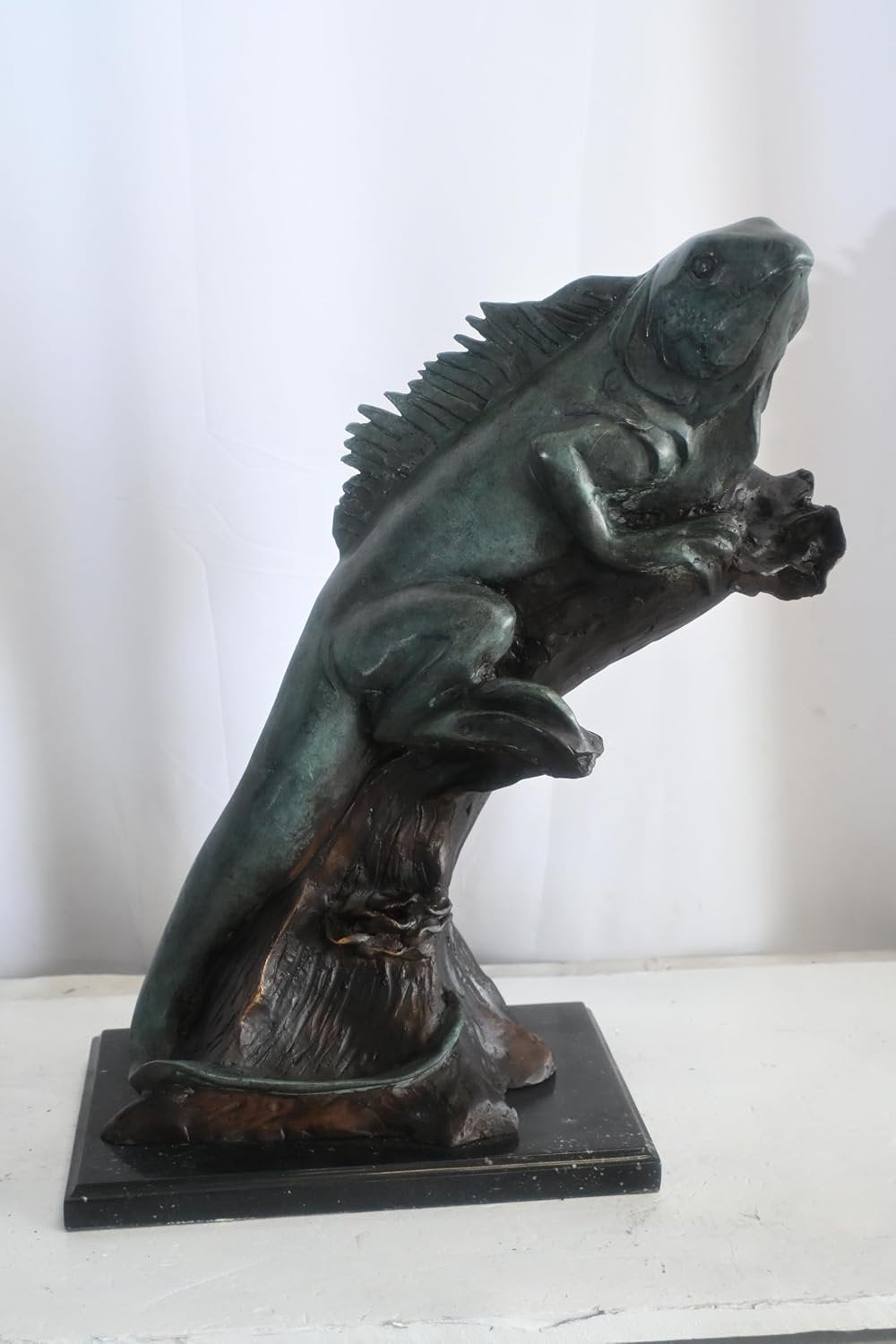 Bronze Iguana Sculpture on Branch with Marble Base 20"x7"x22"H