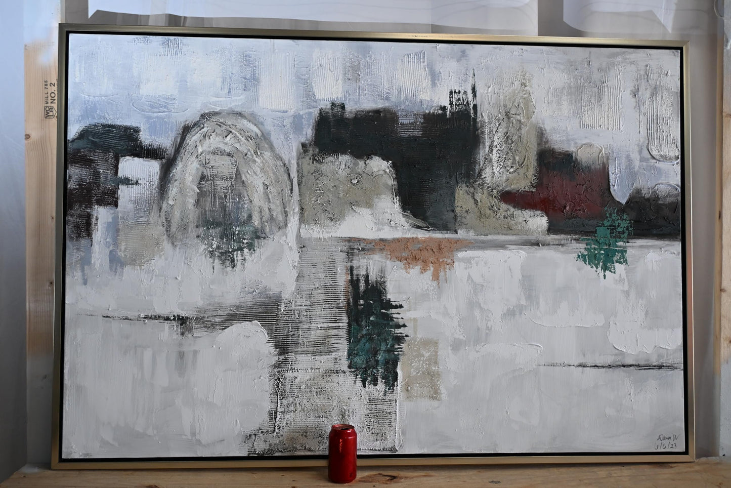Foggy NYC Abstract Canvas Painting Gray Teal Framed Art 41"x61"