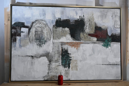 Foggy NYC Abstract Canvas Painting Gray Teal Framed Art 41"x61"