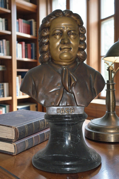 Johann Sebastian Bach Bust Bronze Statue -  Size: 11"L x 9"W x 20"H.