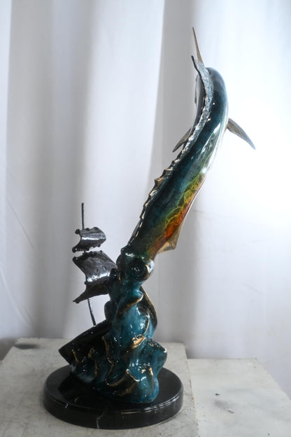 Leaping Marlin with Sailboat Bronze Sculpture 18"x18"x35"H