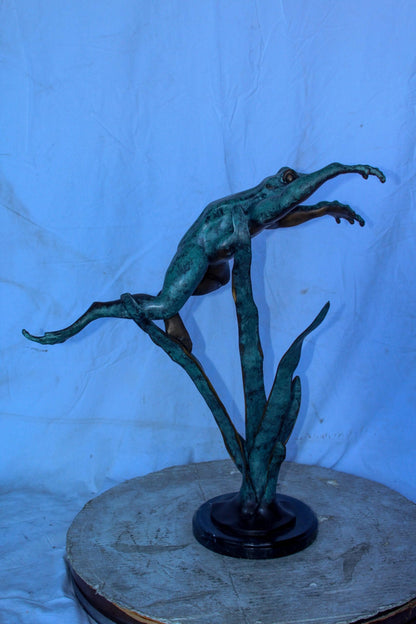 Frog Leaping Over Grass Bronze Statue 23" x 11" x 24"H