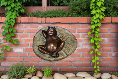 Relaxed Frog Supine on a Lily Bronze Statue Wall Fountain  14" x 6" x 12"H