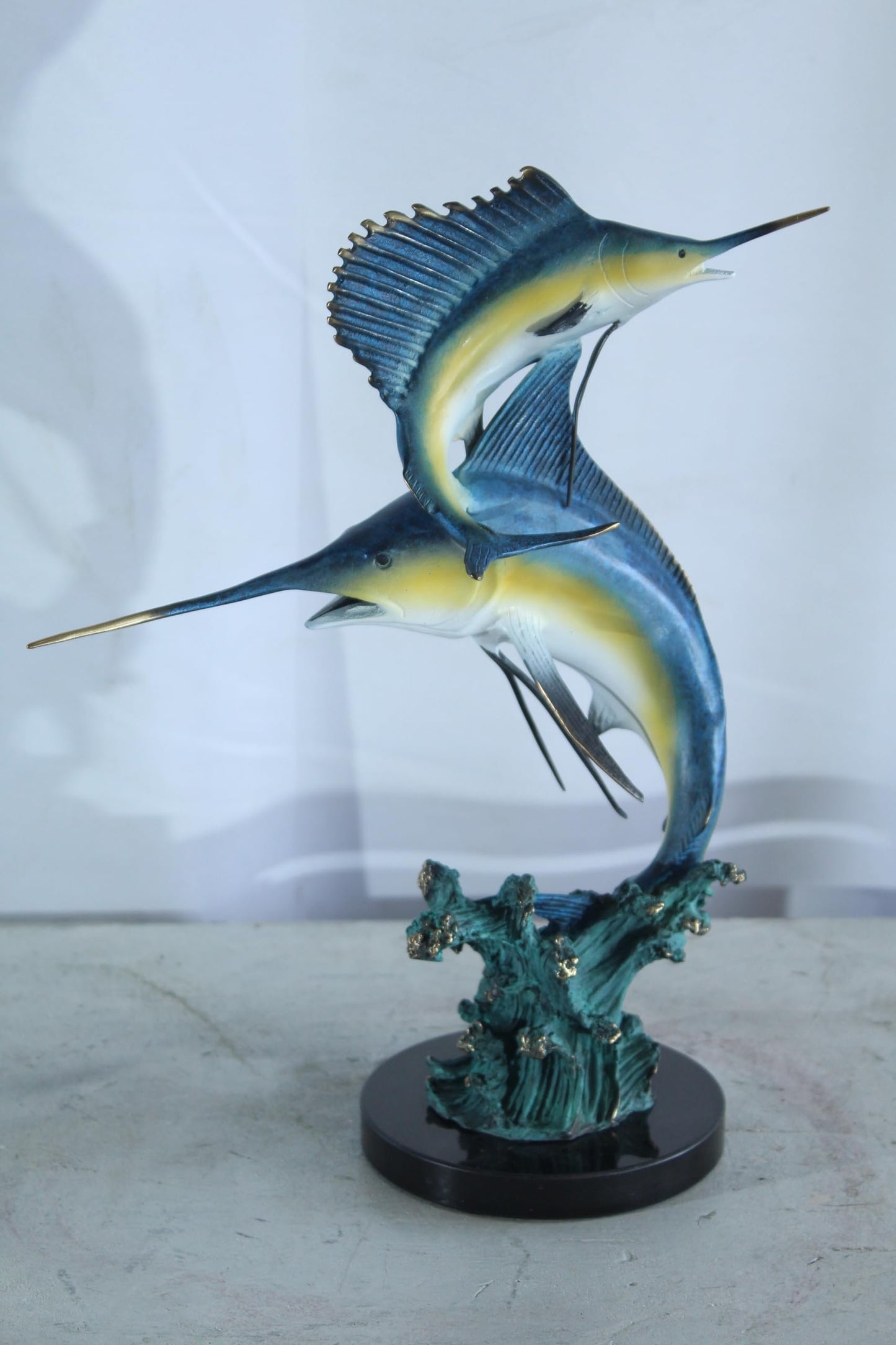 NIFAO Bronze Sailfish Duo Statue on Marble Base Coastal Sculpture 13" x 7" x 15"H