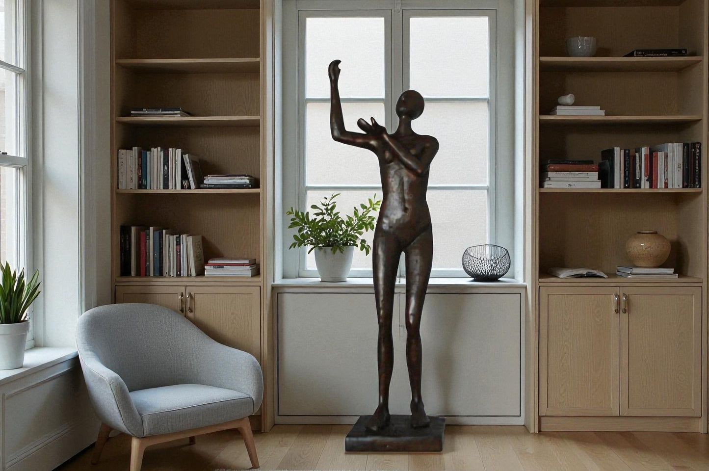 Abstract of Art nude lady lifting hand bronze statue - Size: 9"L x 6"W x 25"H.