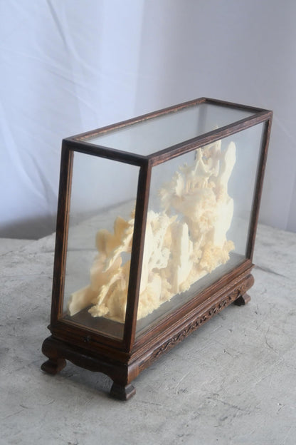 Carved Resin Chinese Bridge and Pavilion in Wood Case 12"x4"x9"H