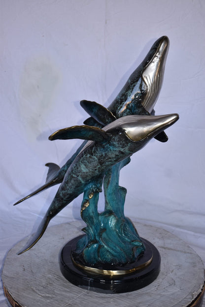Pair of Blue Whales Swimming in The Ocean Bronze Statue Size: 21" x 20" x 27"H.